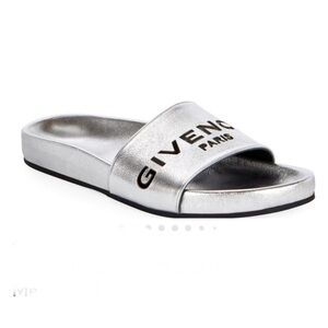 Givenchy Paris Cruise logo Silver metallic pool slides sandals size 38 US 8 $595